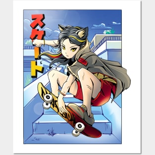Anime cat girl skateboarding Posters and Art